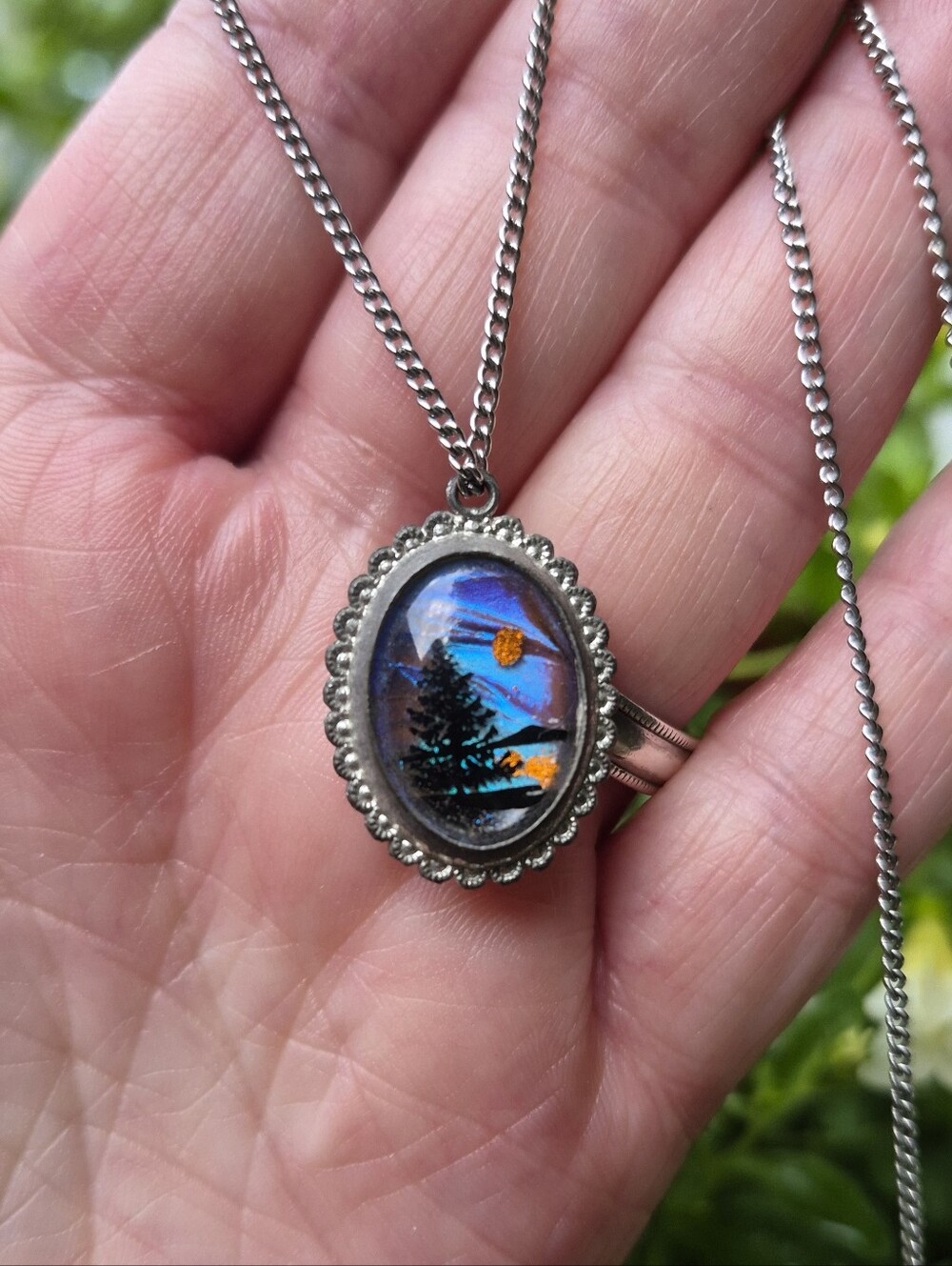 Vintage Morpho Butterfly Reversible Mountain Beach Sunset Pendant Necklace 18" - Picture 4 of 8